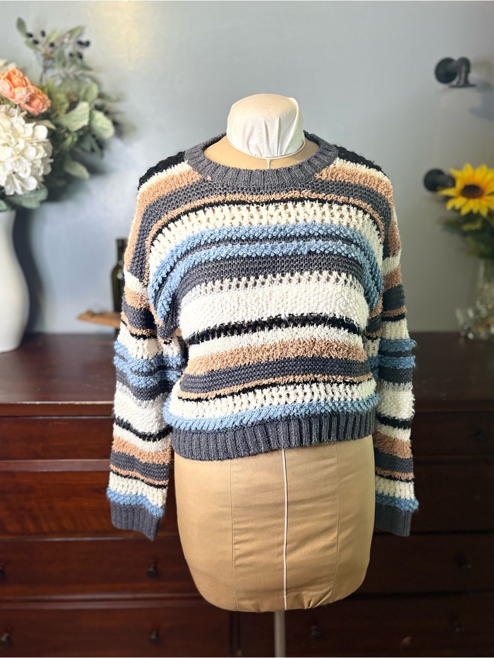RYEGRASS Striped Cozy Knit Sweater - Multicolor (Blue, Gray, Cream)